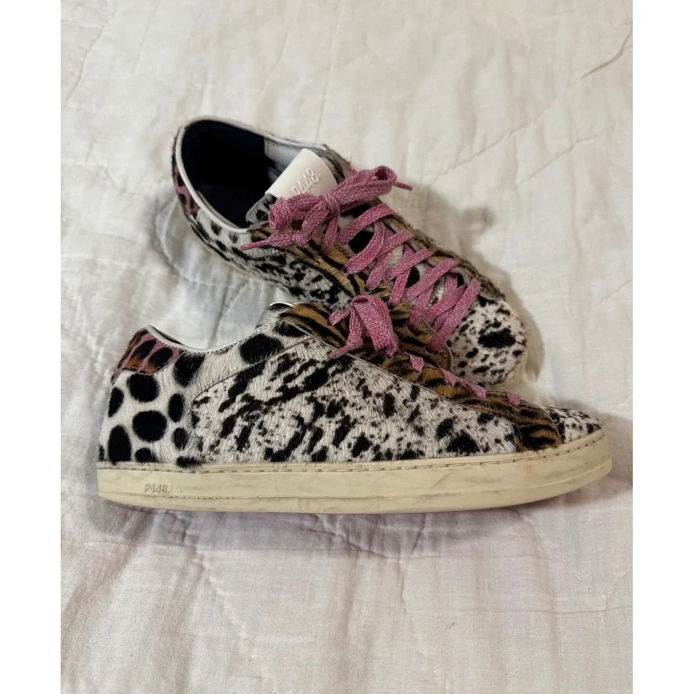P448 John Animal Print Calf Hair Low Top Sneakers Multi Pattern Pink Laces 38